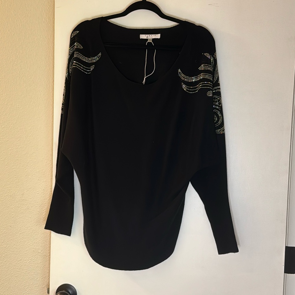 Liquid By Sioni Sweater Women Size L Black Crystal Embellished Dolman Sleeve
